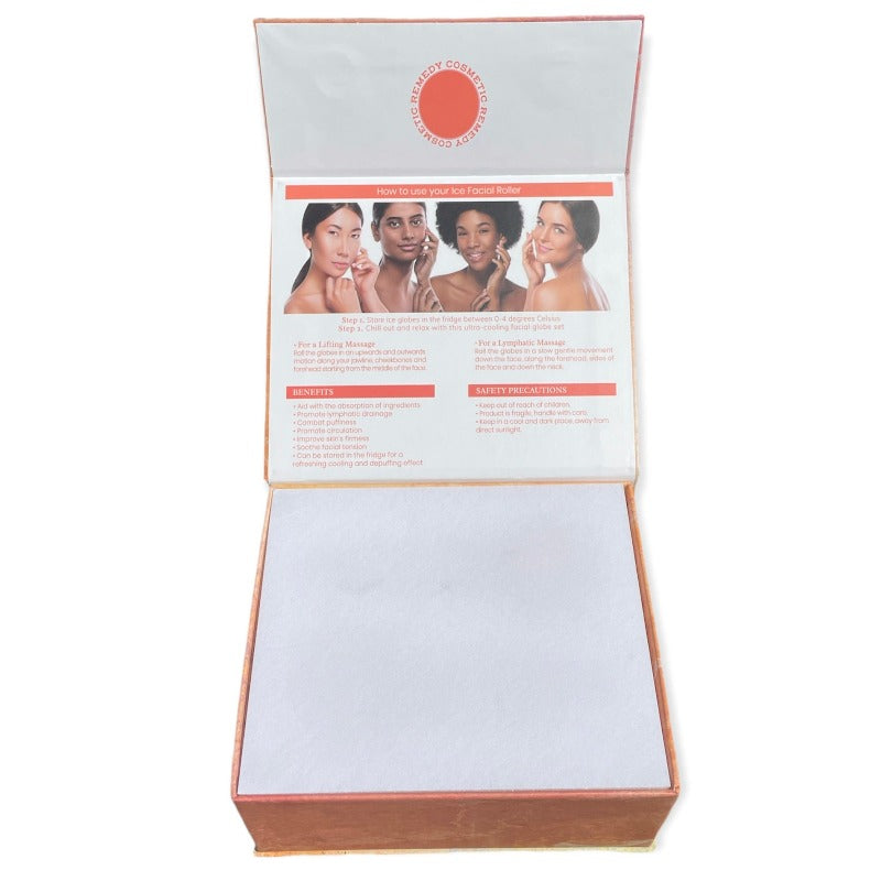 Beautiful and luxurious orange ice globe massage tool cooling facial set from Remedy Cosmetic Beauty, open set with all the informations explaining how to use it 