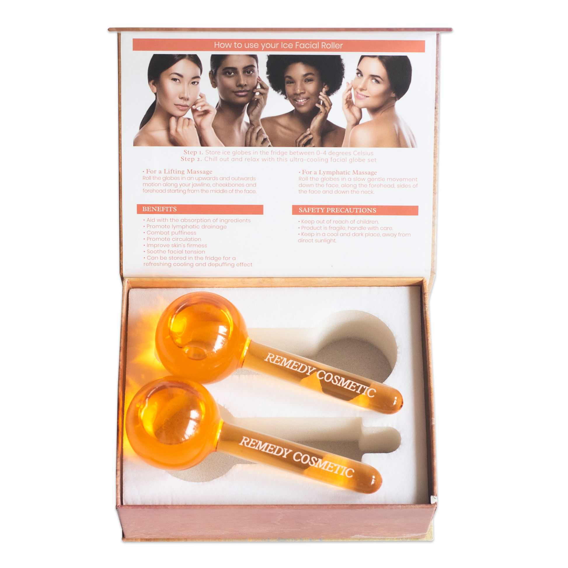 Beautiful and luxurious orange ice globe massage tool cooling facial set from Remedy Cosmetic Beauty, open set with nice and fresh orange ice globes and white handles