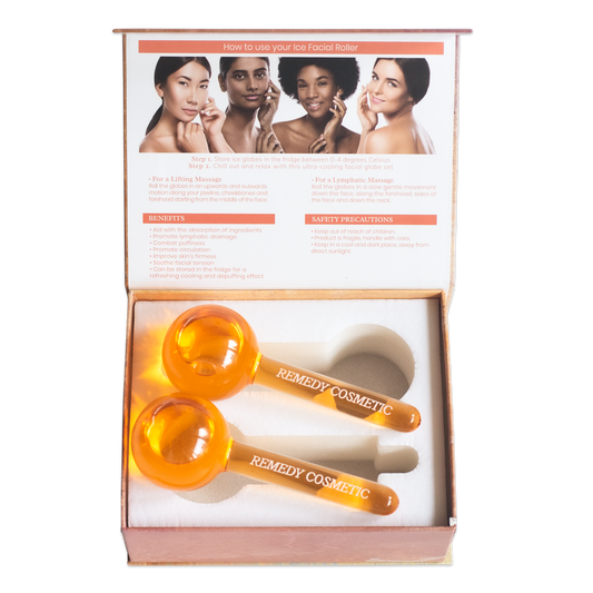 Beautiful and luxurious orange ice globe massage tool cooling facial set from Remedy Cosmetic Beauty, open set with nice and fresh orange ice globes and white handles